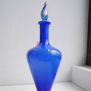 Balboa Blue Murano Glass Bottle/Decanter with Blue & Gold Leaf Stopper - VINTAGE